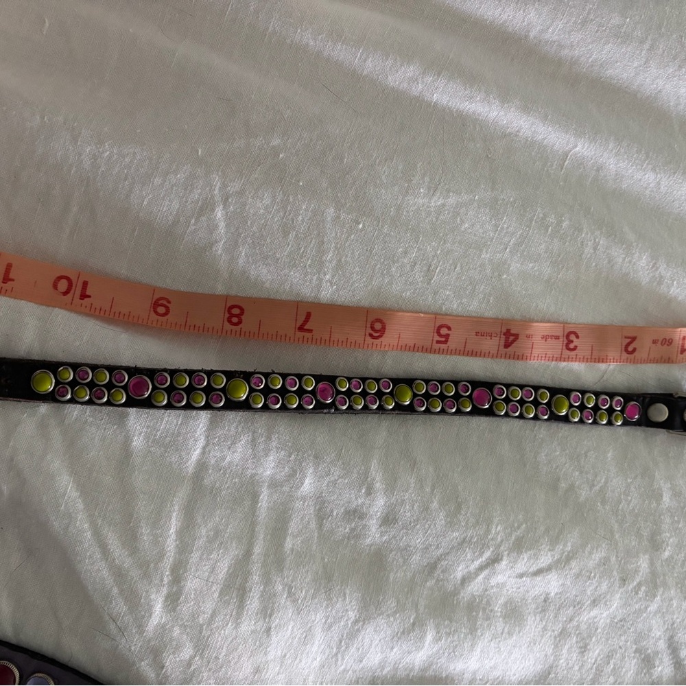 RN designs handmade brown leather dog collar, purple and lime colored studs, EUC - Picture 3 of 3